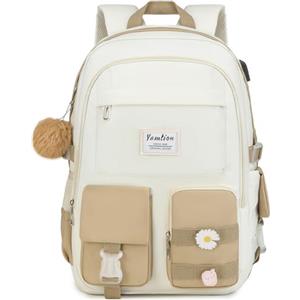 YAMTION Zaino da scuola per ragazze adolescenti, zaino per laptop da 15,6 pollici, borsa per libri per studenti delle scuole medie universitarie, carino borsa da scuola per donne (KhakiBeige, Fits 15.6in PC)