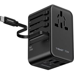 MOMAX Adattatore Universale da Viaggio 70W GaN, cavo integrato 65cm, Adattatore Universale, Adattatore da Viaggio Internazionale, per Regno Unito USA Australia Europa ecc.