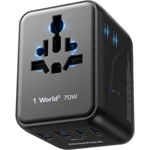 MOMAX Adattatore Universale da Viaggio 70W GaN, 3 USB-C, 2 USB-A, Presa AC, PD3.0, Ricarica Rapida, Compatibile con UK/USA/Australia, UE, Giappone, Canada ecc, Nero