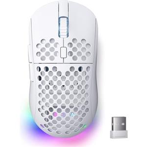 Dierya x TMKB M1 Mouse Wireless Gaming, Sensore Ottico 24,000 DPI, 90 g Leggero, 6 Pulsanti Programmabili, Illuminazione RGB, 2.4GHz/Bluetooth/USB-C mouse con filo/senza fili, Bianco