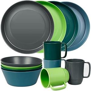Greentainer 12PCS Set di stoviglie in plastica infrangibile adatto per campeggio e picnic, piatti leggeri, ciotole e tazze, servizio per 4, ideale per bambini e adulti, Stile scuro