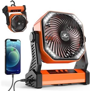 KITWLEMEN Ventilatore da Campeggio con Lanterna LED 20000mAh Ventilatore da Esterno con Luce e Gancio,Perno a 270° 4 Velocità Ventilatore da Tavolo Personale per Campeggio Pesca Interruzione di Corrente Uragano
