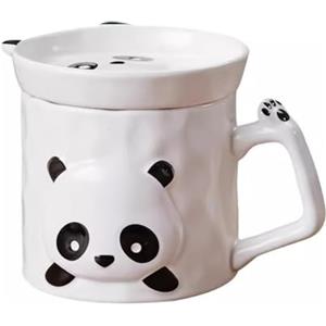 TREEWOO Ceramic Panda - Set di tazze con piatto abbinato, 3D cartone animato con coperchio, simpatici animali per bambini