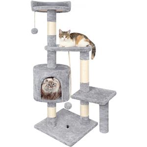 HOMIDEC Tiragraffi per Gatti,112cm Multifunzionale Alberi Tiragraffi Stabile con 4 Pali in Sisal,3 Piattaforme e 1 Cuscino per Albero Gatti Ideale per Gioco e Relax-Grigio
