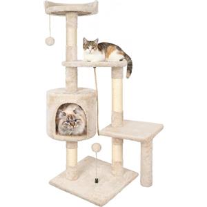HOMIDEC Tiragraffi per Gatti,112cm Multifunzionale Alberi Tiragraffi Stabile con 4 Pali in Sisal,3 Piattaforme e 1 Cuscino per Albero Gatti Ideale per Gioco e Relax-Beige