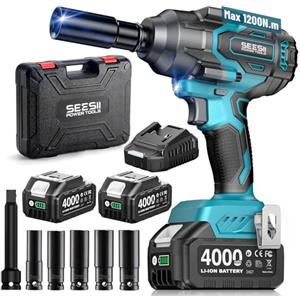 Seesii 1200 N·m Avvitatore a Impulsi 1/2, avvitatore a impulsi elettrico brushless ad 2 batterie 4000 mAh con caricatore rapido, pistola a impulsi con 5 bussole, per auto, camion, officina, garage