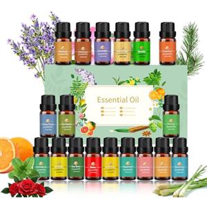 HappyGoo Oli Essenziali per Diffusori, Set di olio essenziale 18 x 10 ml, Essenze Naturali,Tea Tree Lavanda Rosmarino Eucalipto Ylang-ylang Incenso Citronella Arancia Menta Limone Bergamotto