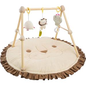 COTTONBEBE 4 IN 1 Palestrina per Neonati, Tappeto di Gioco con Legno Naturale, 3 Giochi Rimuovibili da Afferrare, Montessori per 0-3-6-12-36 Mesi, Leone Marrone
