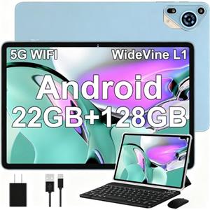 SKYEGG Android 14 Tablet 10 Pollici con 22 GB RAM + 128 GB ROM (Espandibile Fino a 1 TB), Widevine L1, 8000mAh, Octa-Core 2.0 GHz, 5G Wi-Fi, GPS, USB-C, Tablet con Tastiera + Mouse + Custodia, Indaco