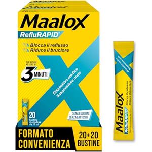 Maalox Reflurapid Blocca il Reflusso Gastroesofageo, Riduce Bruciore e Acidità di Stomaco, anche in Gravidanza - con Bicarbonato di Sodio, Senza Glutine, Senza Lattosio (40 Bustine Gusto Menta)