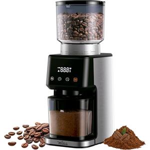 La Moustache - Macinacaffè Elettrico Regolabile【51 Livelli di Macinatura】165W, Coffee Grinder Professionale in Acciaio Inox con Meccanismo Conico per 12 Tazze/Shot/Tempo (GrindMaster Silver)