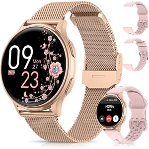 NAIXUES Smartwatch Donna, 1,27" HD Orologio Smartwatch con Chiamate Bluetooth 5.3, 3 Cinturini, Fisiologia Femminile, 24H Frequenza Cardiaca, SpO2, Sonno, IP68 Notifiche Messaggi iOS Android Oro Rosa