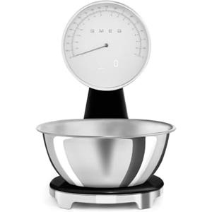 Smeg, Bilancia da Cucina Digitale e Analogica KSF01BLWW, Ciotola in Acciao Inox 1,8L Removibile, Quattro Unità di Misura g/ml e lb.oz/fl.oz, con Funzione Tara, Portata Massima 5kg, Nero