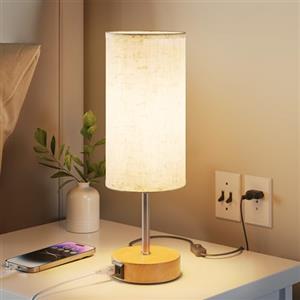 UPXNBOR Lampada da Comodino Touch, Abat-Jour da Comodino con Ricarica | Lampada da Scrivania con Porte USB A + C, 3 Livelli di Luce Calda, Paralume in Lino, Cavo 1,5 m, E27 Inclusa, Legno Naturale