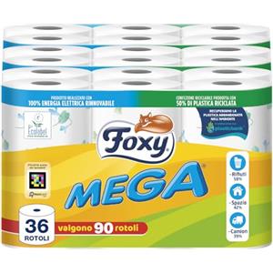 Foxy Mega | Carta igienica 36 rotoli| 480 strappi| Decorata |100% Energia elettrica rinnovabile| Confezione prodotta con plastica riciclata