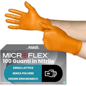 Ansell MicroFlex 93-256 Guanti Lavoro Nitrile, Senza Polvere e Lattice, Meccanico Multiuso, Monouso, Usa e Getta, Arancioni Taglia L (100 Pezzi)