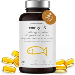 NUTRABETTER Omega 3 Olio di Pesce da 2000 mg | 200 Capsule Softgel | 600 mg omega - 3 Puro + Vitamina E | Cuore, Vista, Funzione Cerebrale | Qualità Testata | Fish Oil Omega3 | Integratore Omega 3