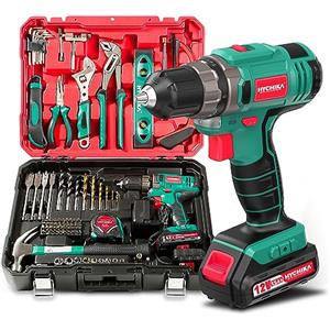 HYCHIKA BETTER TOOLS FOR BETTER LIFE Trapano Avvitatore Batteria 12V, HYCHIKA 104pcs Avvitatore a Batteria Cassetta Attrezzi fai da te, 1,5Ah Avvitatore Elettrico, 2 Velocità 30N.m Mas, Carica rapida 1 ora, kit Attrezzi Completa