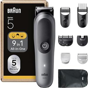 Braun Rifinitore All-in-One Series 5, Rasoio Elettrico Corpo Uomo, Barba E Capelli 9In1 Con Lama Ultra Affilata, Tecnologia SkinGuard Per Il Corpo, 120 Min di Autonomia, AIO5545, Grigio