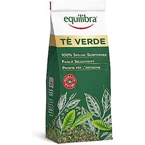 Equilibra Alimenti, Tè Verde Foglie, Varietà Gunpowder, 100% Qualità Extra, a Base di Foglie di Tè Verde, Non Sottoposto a Fermentazione, Delicatamente Aromatico, Sacchetto 100 g