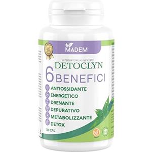 MADEM Integratore 120 Cps Detox, Drenante, Energia Stanchezza Fisica E Mentale, Depurativo Fegato E Intestino, Diuretico, Con Cardo Mariano Tarassaco E Carciofo, Te Verde, Guarana, Curcuma, Spirulina