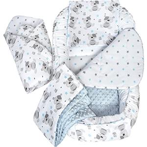 Medi Partners Riduttore Lettino Neonato - 100x60x15 Nido Antisoffoco Neonati 5-Parti Bozzolo Culla per Bebè neonata bilaterale Cuscino 100% Cotone (Teddy con Minky azzurro)