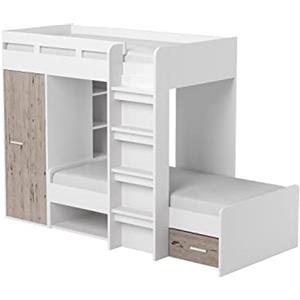 Stella Trading, Letto a Castello Maxi Contemporaneo con Armadio e 2 di Riposo da 90 x 200 cm, salvaspazio, per Bambini, Effetto Legno, Rovere Sabbia/Bianco, 269 x 180 x 115 cm
