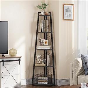 YITAHOME Scaffale in stile industriale a 5 livelli, scaffale angolare moderno e indipendente, scaffale aperto per soggiorno, corridoio, ufficio a casa, scaffale rustico, nero per libri