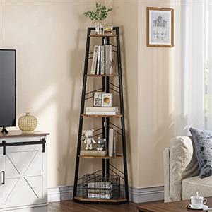 YITAHOME libreria angolare, libreria industriale a 5 livelli, libreria angolare moderna autoportante, libreria a scaletta, scaffale espositivo aperto in legno per soggiorno, corridoio, home office