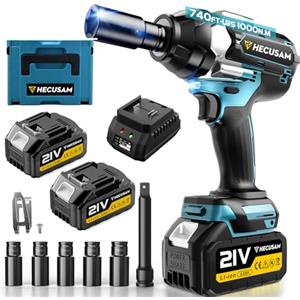 HECUSAM Avvitatore A Impulsi Senza Filo, 1000 Nm Di Coppia Massima, Chiave A Percussione 1/2" Con Due Batterie Da 4000mah, 5 bussole, Caricatore Rapido, Auto Familiare/Pickup