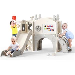 CUPCHID Scivolo di Natale a forma di alce,scivolo per bambini 10 in 1,con allacanestro,struttura,telescopio,spazio di archiviazione,golf,tavolo da disegno,scivolo extra lungo 1570 mm (beige-grigio)