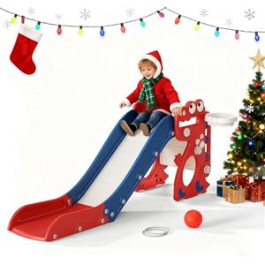 CUPCHID Scivolo per bambini, scivolo pieghevole 3 in 1, con canestro da basket, pallacanestro, lancio dell'anello, per età 18-36 mesi, scivolo extra lungo H650 x L330 x P1520mm (blu-rosso)