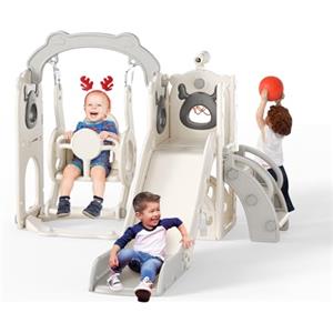 CUPCHID Altalena Scivolo,6 in 1 Scivolo per Bambini e Altalena Set con Canestro da Basket,Struttura da Arrampicata da Giardino,Telescopio, Contenitore,Stabile e Durevole Grande Scivolo(Beige Grigio)