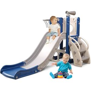 CUPCHID Scivolo per bambini,scivolo 5 in 1 per bambini piccoli,con canestro da basket,pallacanestro,struttura per arrampicata da giardino,telescopio, deposito,per età 18-36 mesi,scivolo extra lungo 1700 mm