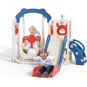 CUPCHID Altalena Scivolo,6 in 1 Scivolo per Bambini e Altalena Set con Canestro da Basket,Struttura da Arrampicata da Giardino,Telescopio, Contenitore,Stabile e Durevole Grande Scivolo(Blu Rosso)