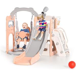 CUPCHID Altalena Scivolo,6 in 1 Scivolo per Bambini e Altalena Set con Canestro da Basket,Struttura da Arrampicata da Giardino,Telescopio, Contenitore,Stabile e Durevole Grande Scivolo