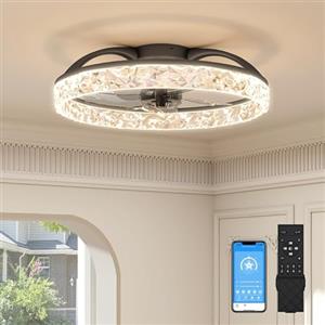 VOLISUN Ventilatore Da Soffitto Con Luce e Telecomando, 6 Velocità E Dimmabile, Lampadario Ventilatore Moderno, Ventilatore Da Soffitto LED Silenzioso Per Camera Da Letto E Soggiorno (Nero, 40CM)