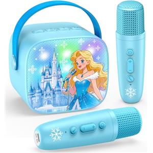 Braxel Microfono Karaoke per Bambini 3-12 Anni con 2 Microfoni, Bluetooth, Luci LED, Effetti Vocale - Giocattolo Musicale, Regalo Natale Ideale per Bambini (Tema Castello Frozen, Azzurro)