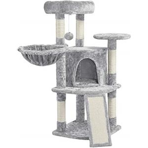 Yaheetech Albero Tiragraffi per Gatti con Ampio Trespolo Grande Cesto e Grotta, Rampetta Graffiatoio e Pali in Sisal, 43,5 x 43,5 x 106 cm, Grigio Chiaro