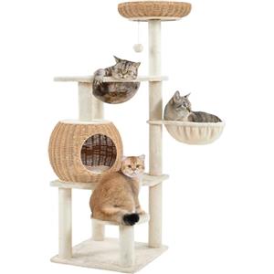 Yaheetech Tiragraffi Albero per Gatti 137cm Cuccia per Gatti in Rattan Intrecciato con Cuscino Cestino Peluche Palla Appesa Gatto Gioco Beige