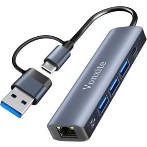 Vonxite Adattatore USB Ethernet, 5 in 1 Adattatore USB-C a Ethernet RJ45 Gigabit 1000Mbps,Hub ethernet LAN con 3 Porte usb 3.0 e 1 Porte tipo C per i-Phone 15/16/iPad/Windows XP/Chromebook/MAC/Linux