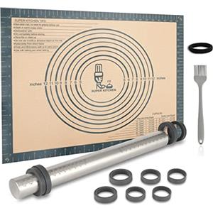 Folksy Super Kitchen SUPER KITCHEN Mattarello in Acciaio Inox Con 5 Dischi Regolabili Anello, Stuoia di Rolling della Pasticceria del Silicone 50x40cm Antiaderente Tappetino da Forno spianatoia per impastare (Grigio)