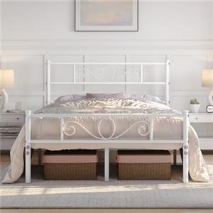 Yaheetech Letto Matrimoniale in Ferro Battuto a Doghe Struttura Letto in Metallo 140 x 200 cm Testiera Elegante Stile Rustico Moderno Bianco