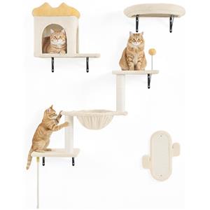 Yaheetech Mensole e Piattaforme per Gatti 4 in 1 da Parete Set Modulari con Cuccia Amaca Tiragraffi e Cestino Mobili da Parete Compatto per Gatti da Interno (Beige)
