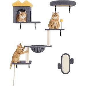 Yaheetech Mensole e Piattaforme per Gatti 4 in 1 da Parete Set Modulari con Cuccia Amaca Tiragraffi e Cestino Mobili da Parete Compatto per Gatti da Interno (Grigio Scuro)