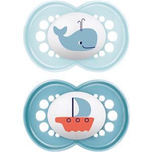 MAM Original Ciuccio in Caucciù Bio-Circolare, Set da 2 con Custodia, 6-16 Mesi, Azzurro