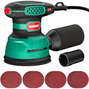 SORAKO Levigatrice Orbitale 350W, 6 Velocità Regolabili, Carta Vetrata 16 pezzi, Levigatrice Elettrica con Raccolta Polvere e Funzione di Frenata Rapida, Adatta per Levigare, Lucidare Legno, fai da te