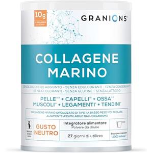 GRANIONS Collagene Marino - Collagene Idrolizzato Tipo 1 in Polvere con Vitamina C - Collagene da bere - Integratori per capelli e pele - Vitamina C - Gusto Neutro - 278g - 10g per Dose - 27 Giorni