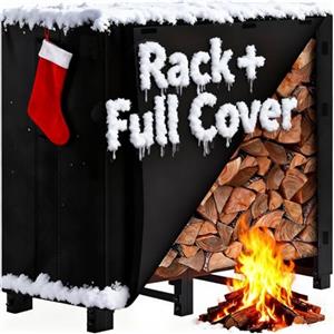 AMAGABELI GARDEN & HOME AMAGABELI Porta Legna da Esterno con Copertura, 122x36x107 cm, Acciaio Rinforzato, Telo Impermeabile 600D, per Camino, Giardino, Patio, Nero