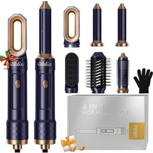UKLISS Spazzola ad Aria Calda, Hair Styler 6 in 1 Set con Asciugacapelli Ionico, Arricciacapelli Automatico, Hair Dryer, Thermal Brush, Hair Straightener, Set Regalo per Donne Ricci, Lisci - Blu